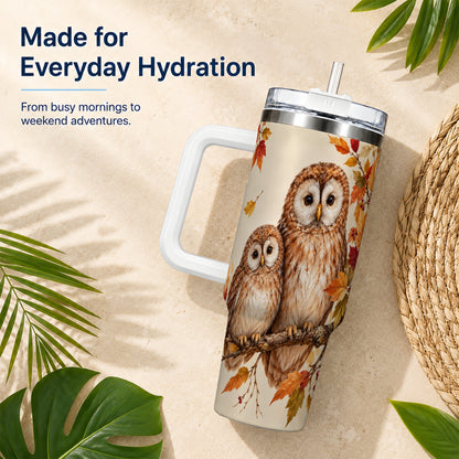 #pl[40oz|White] Autumn Owl Pair 40oz Tumbler, Owl Tumbler, Stainless Steel Travel Cup