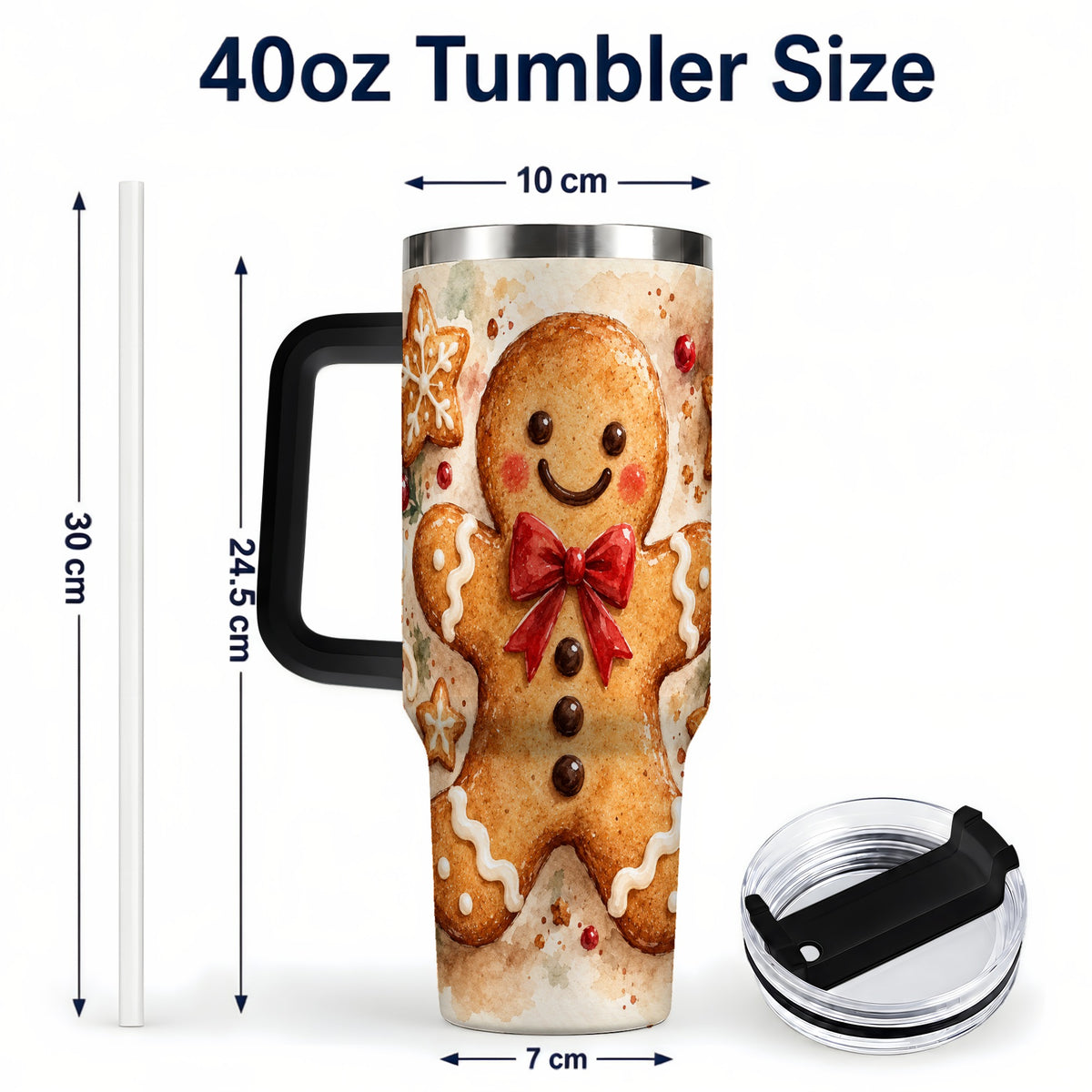 #pl[40oz|Black] Watercolor Gingerbread 40oz Tumbler with Handle, Holiday Cookie Design