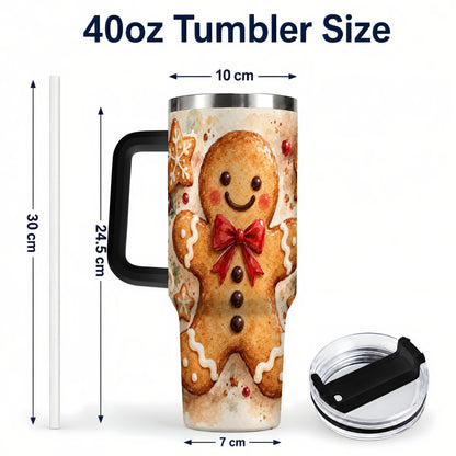 #pl[40oz|Black] Watercolor Gingerbread 40oz Tumbler with Handle, Holiday Cookie Design