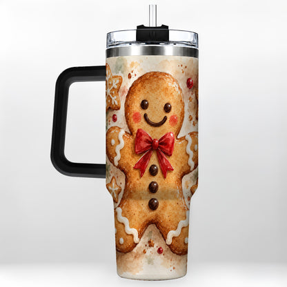 #pl[40oz|Black] Watercolor Gingerbread 40oz Tumbler with Handle, Holiday Cookie Design