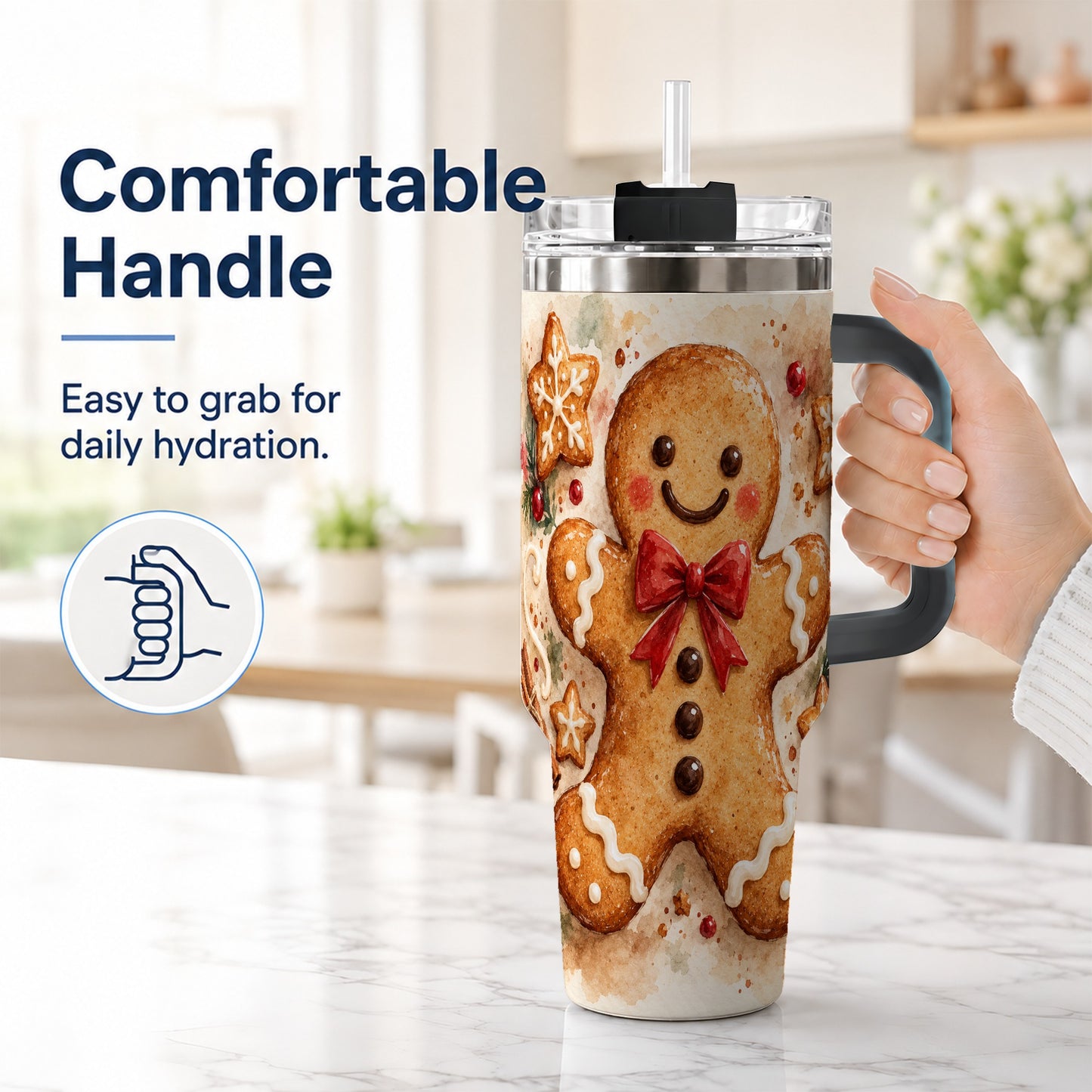 #pl[40oz|Black] Watercolor Gingerbread 40oz Tumbler with Handle, Holiday Cookie Design