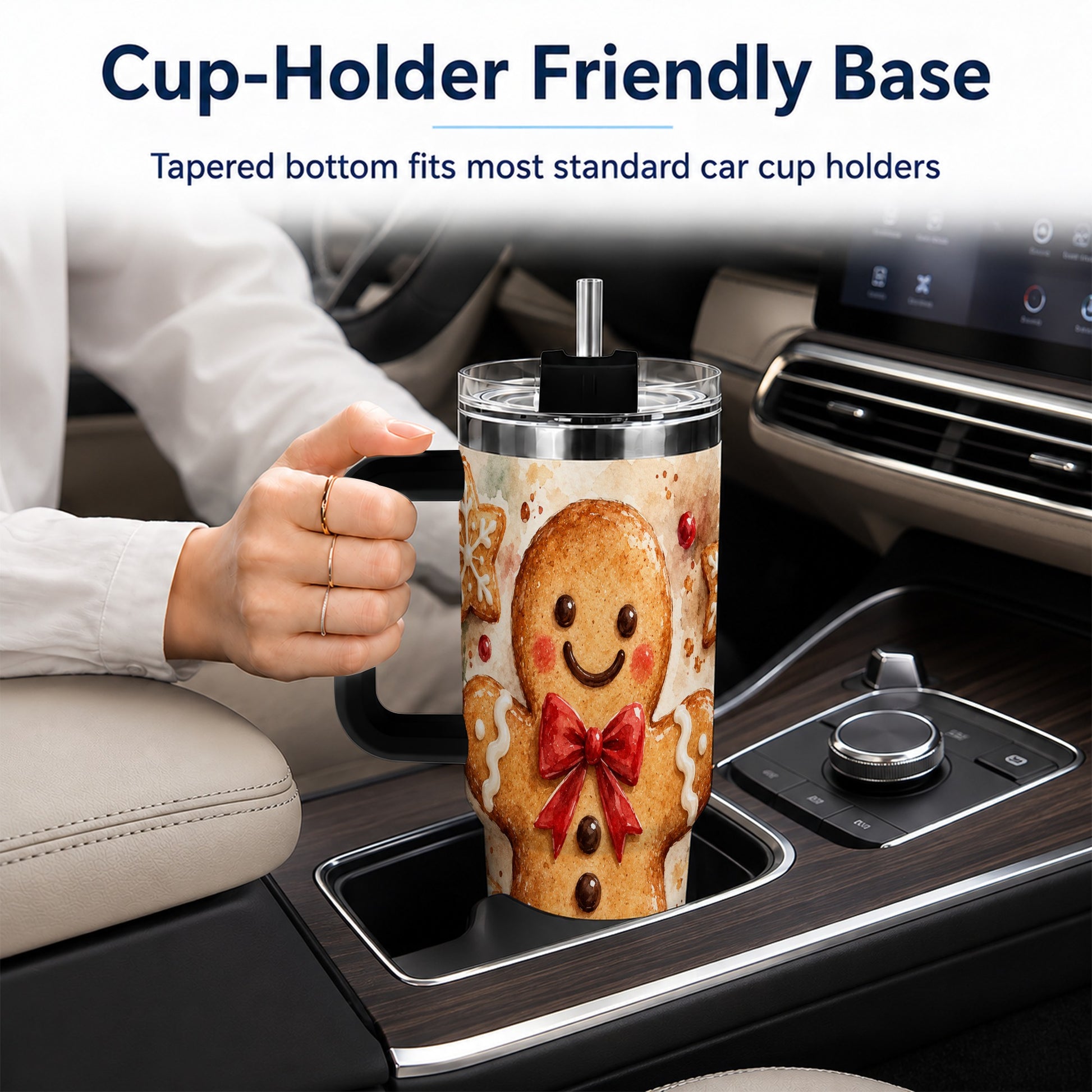 #pl[40oz|Black] Watercolor Gingerbread 40oz Tumbler with Handle, Holiday Cookie Design