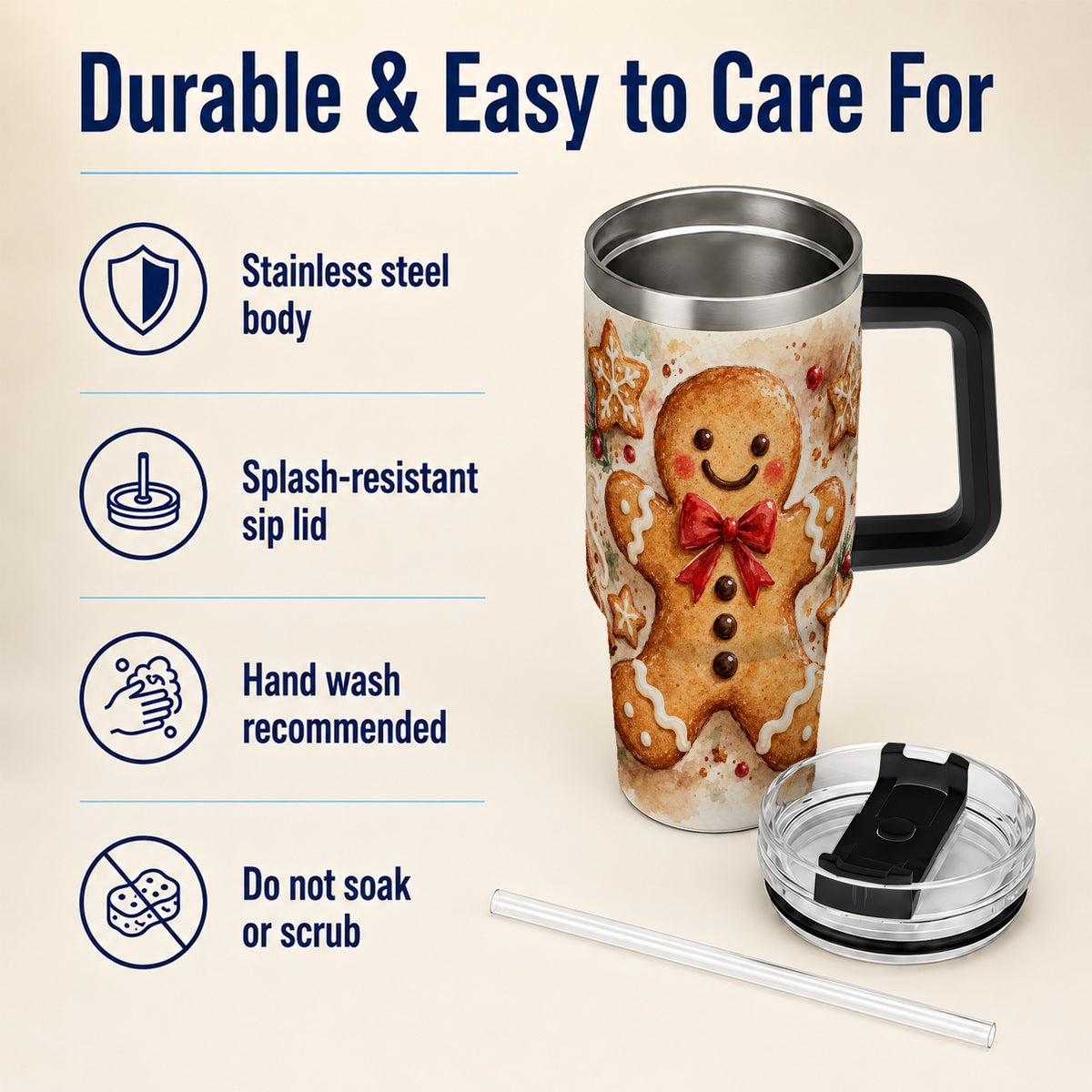 #pl[40oz|Black] Watercolor Gingerbread 40oz Tumbler with Handle, Holiday Cookie Design