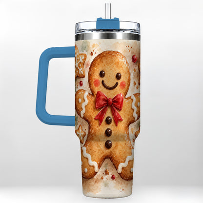 #pl[40oz|Blue] Watercolor Gingerbread 40oz Tumbler with Handle, Holiday Cookie Design