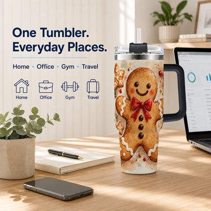 #pl[40oz|Black] Watercolor Gingerbread 40oz Tumbler with Handle, Holiday Cookie Design