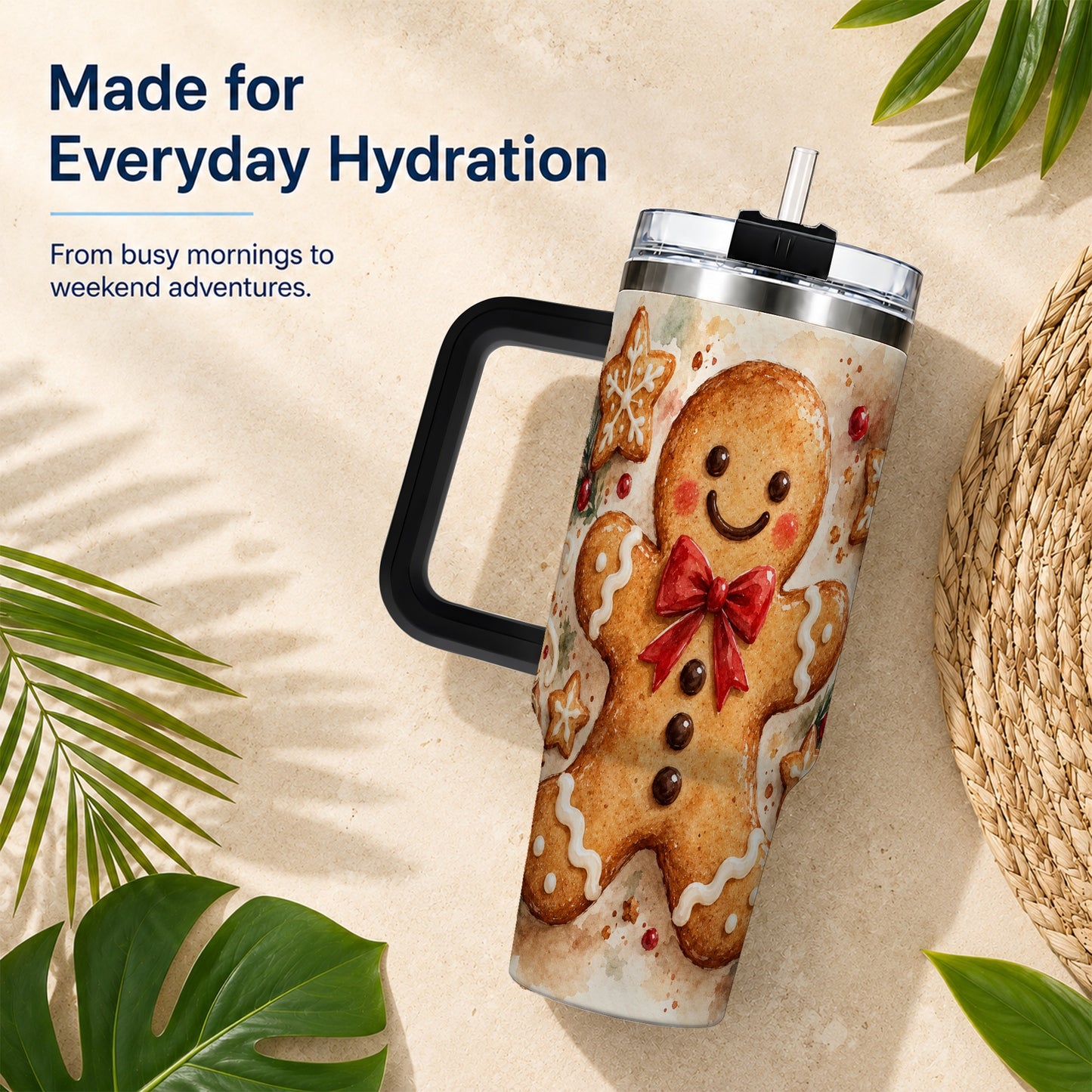 #pl[40oz|Black] Watercolor Gingerbread 40oz Tumbler with Handle, Holiday Cookie Design