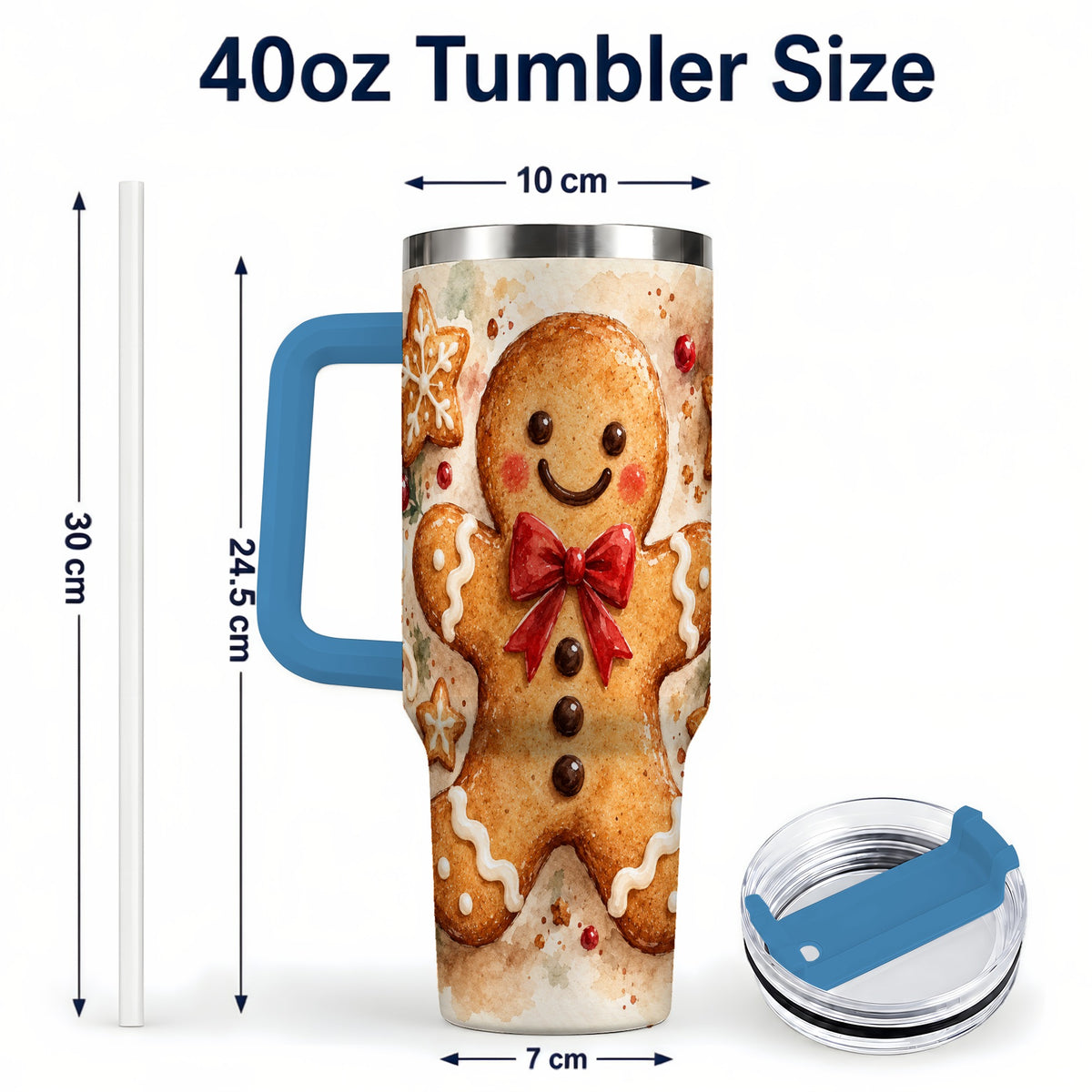 #pl[40oz|Blue] Watercolor Gingerbread 40oz Tumbler with Handle, Holiday Cookie Design