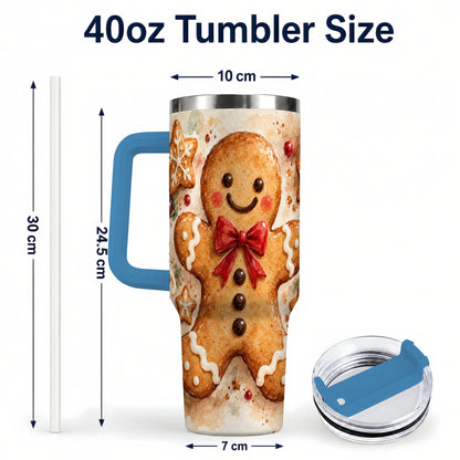 #pl[40oz|Blue] Watercolor Gingerbread 40oz Tumbler with Handle, Holiday Cookie Design