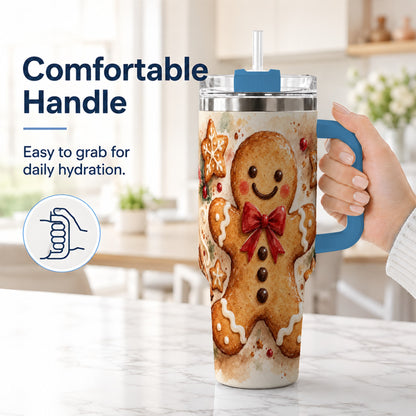 #pl[40oz|Blue] Watercolor Gingerbread 40oz Tumbler with Handle, Holiday Cookie Design