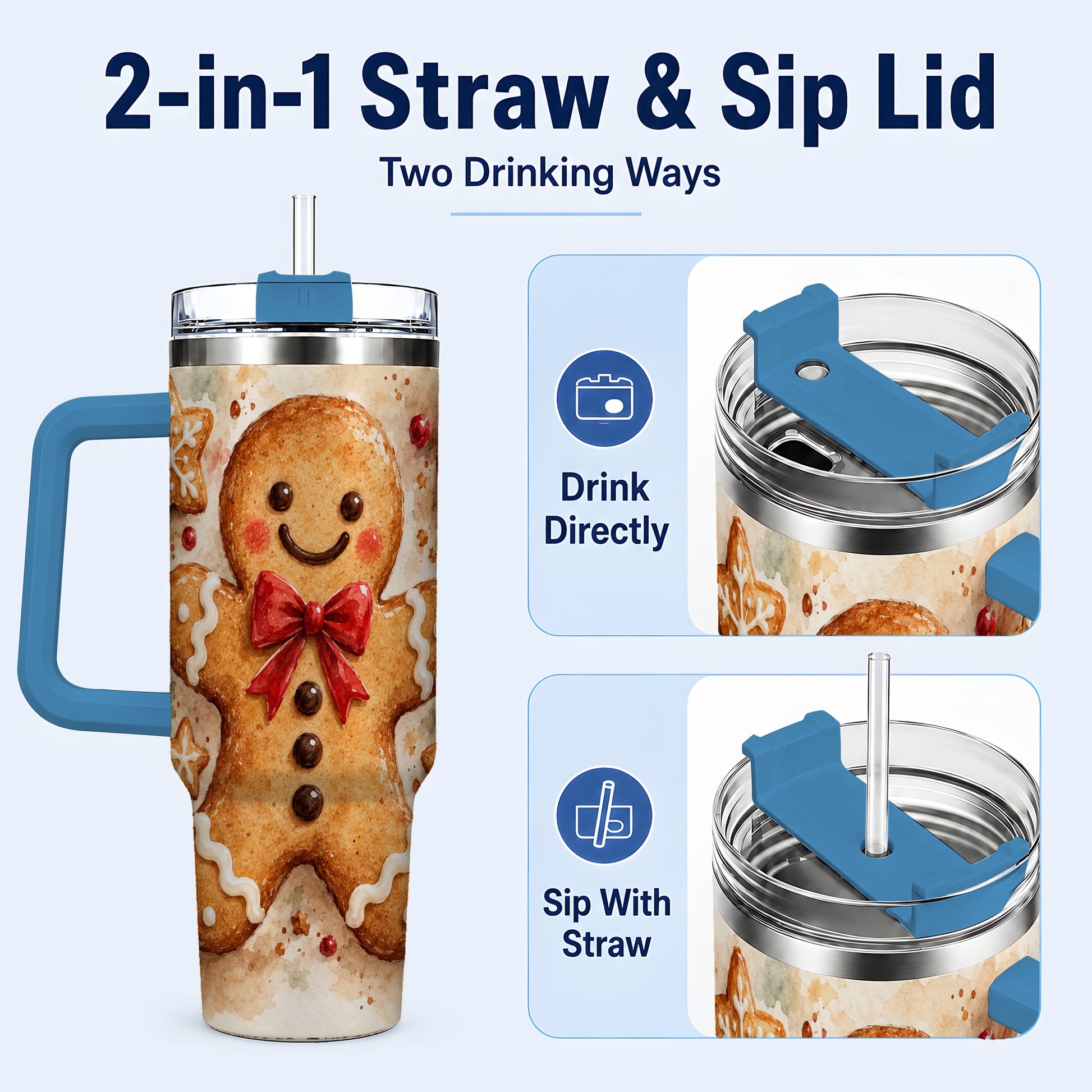 #pl[40oz|Blue] Watercolor Gingerbread 40oz Tumbler with Handle, Holiday Cookie Design