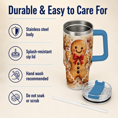 #pl[40oz|Blue] Watercolor Gingerbread 40oz Tumbler with Handle, Holiday Cookie Design