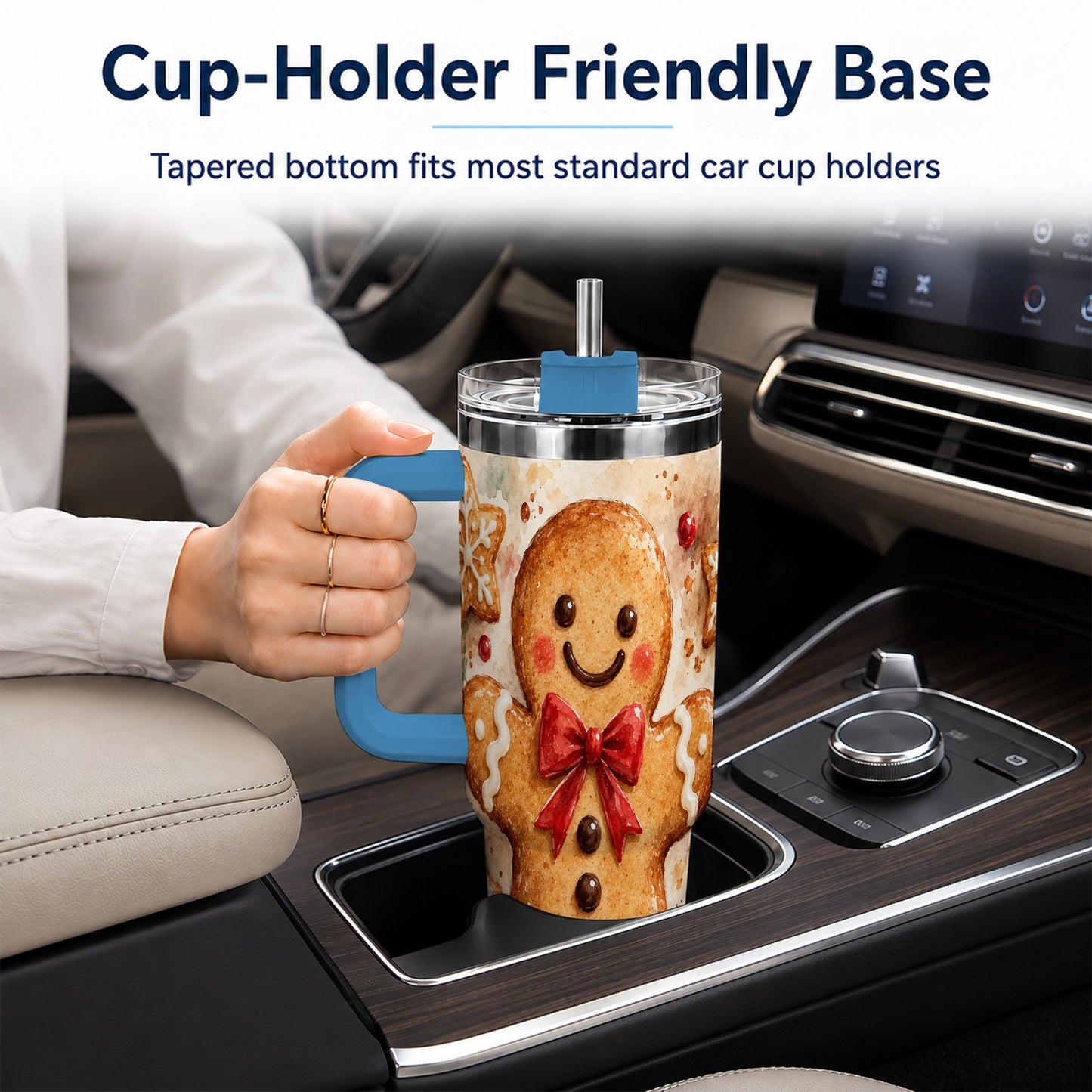 #pl[40oz|Blue] Watercolor Gingerbread 40oz Tumbler with Handle, Holiday Cookie Design