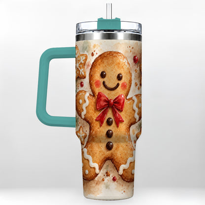 #pl[40oz|Green] Watercolor Gingerbread 40oz Tumbler with Handle, Holiday Cookie Design