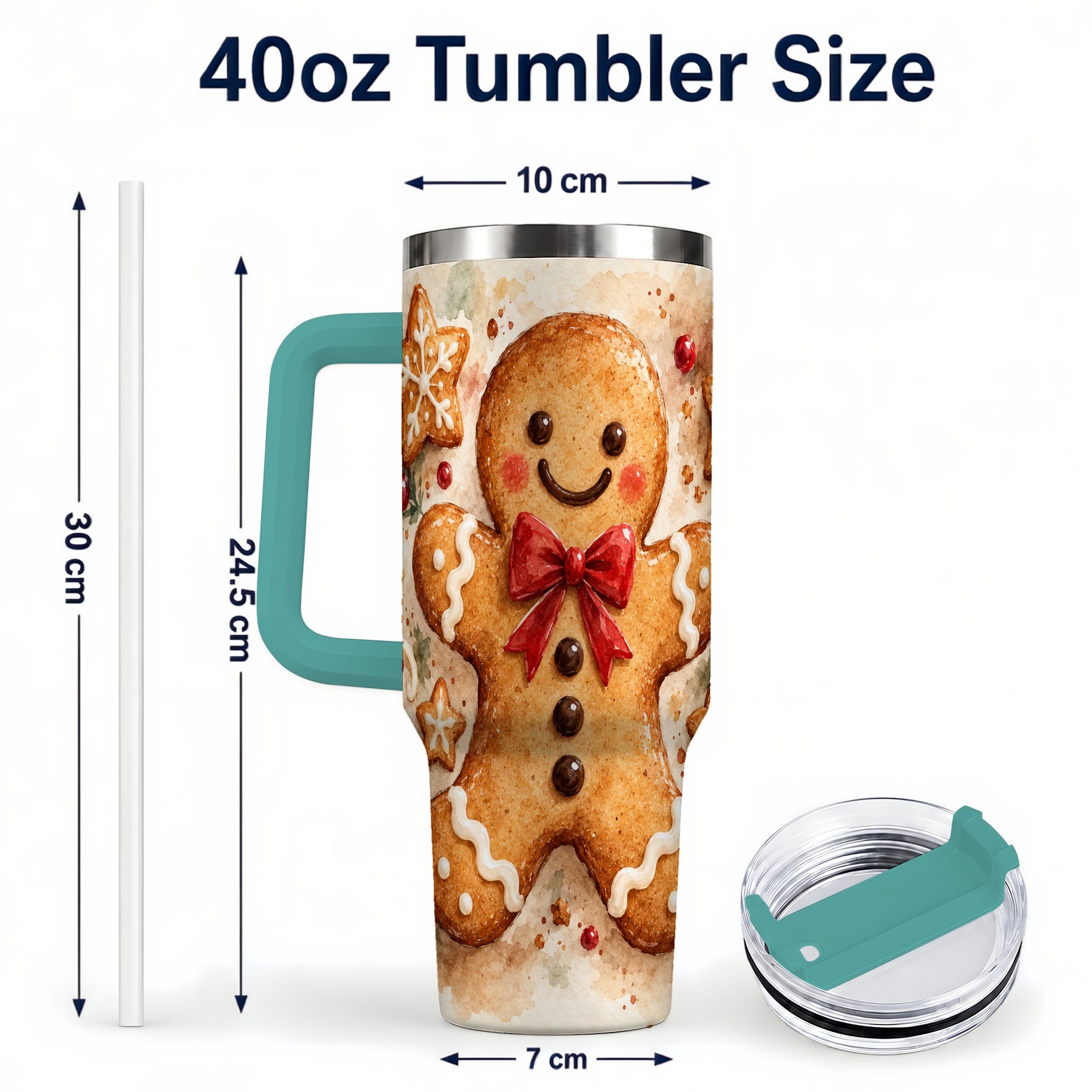 #pl[40oz|Green] Watercolor Gingerbread 40oz Tumbler with Handle, Holiday Cookie Design