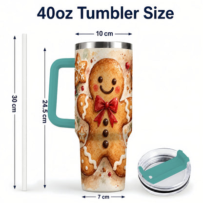 #pl[40oz|Green] Watercolor Gingerbread 40oz Tumbler with Handle, Holiday Cookie Design