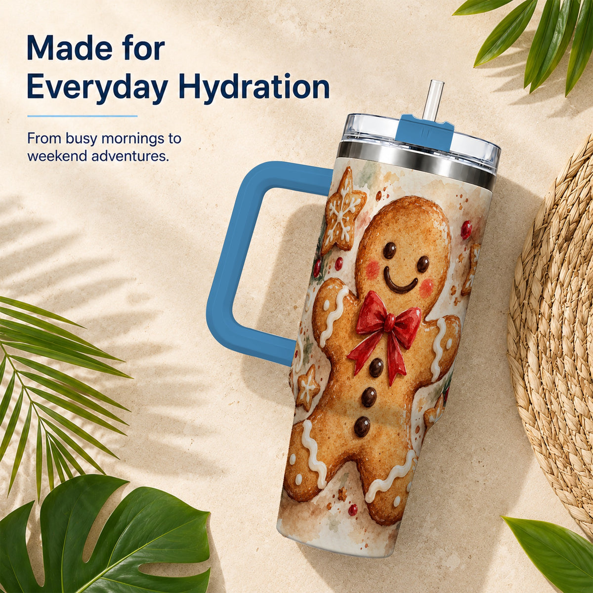 #pl[40oz|Blue] Watercolor Gingerbread 40oz Tumbler with Handle, Holiday Cookie Design