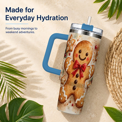 #pl[40oz|Blue] Watercolor Gingerbread 40oz Tumbler with Handle, Holiday Cookie Design