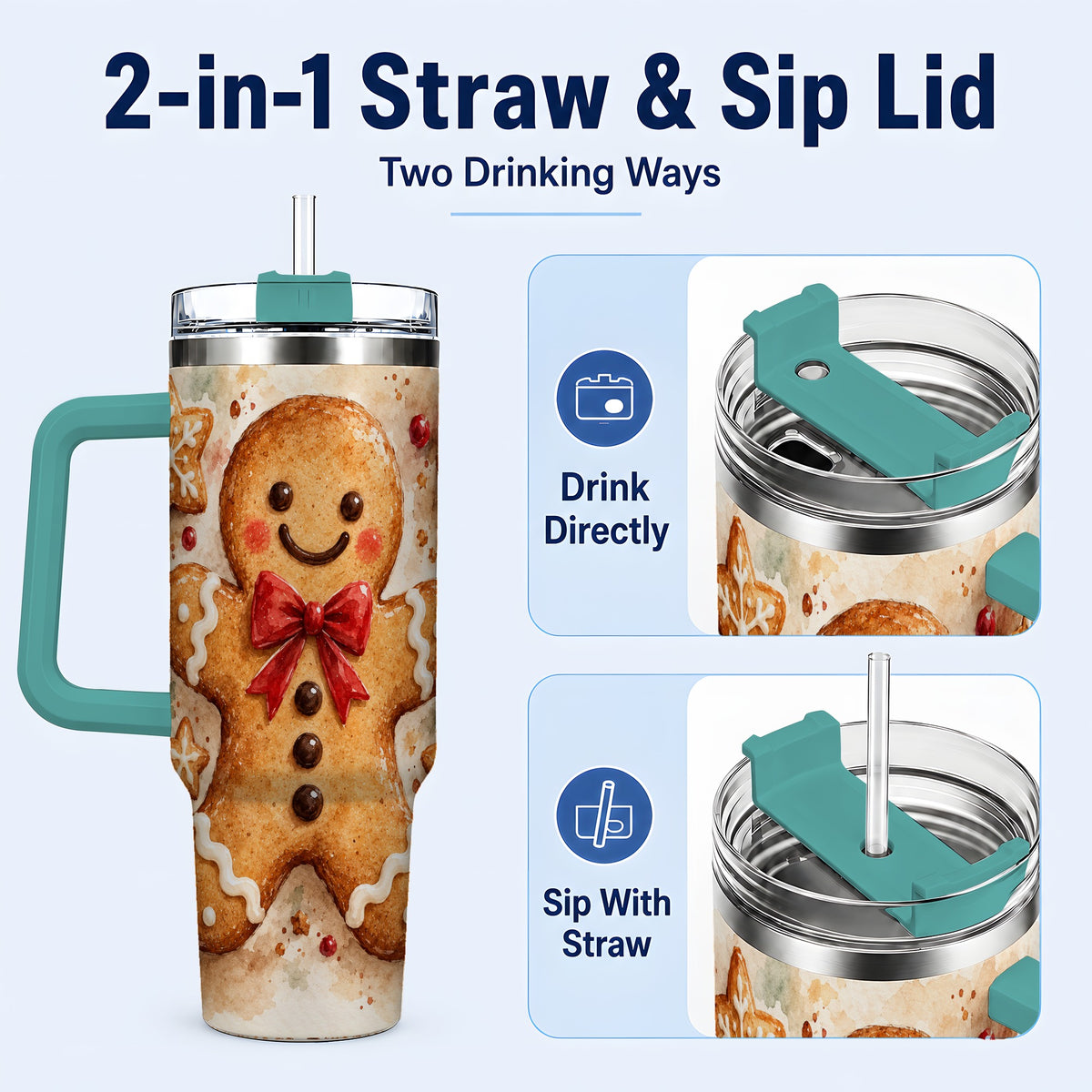 #pl[40oz|Green] Watercolor Gingerbread 40oz Tumbler with Handle, Holiday Cookie Design