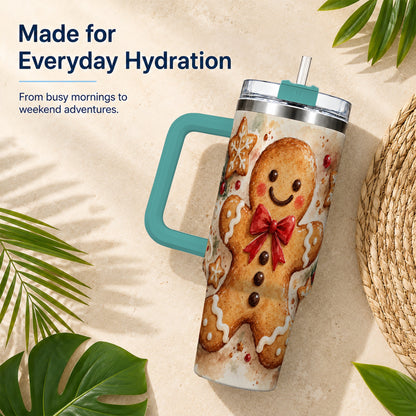 #pl[40oz|Green] Watercolor Gingerbread 40oz Tumbler with Handle, Holiday Cookie Design