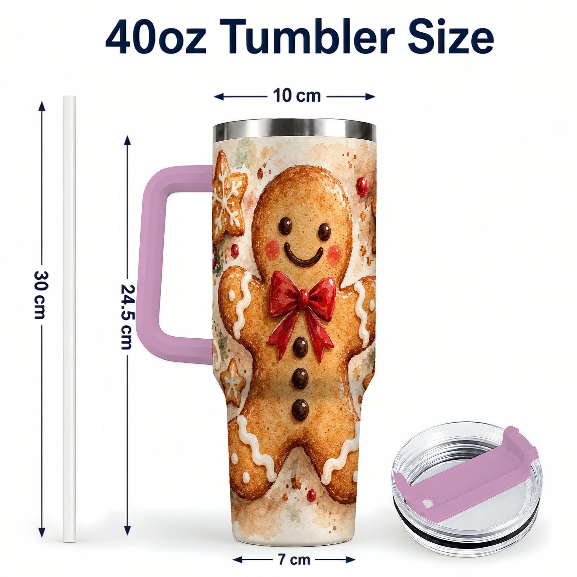 #pl[40oz|Pink] Watercolor Gingerbread 40oz Tumbler with Handle, Holiday Cookie Design