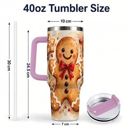 #pl[40oz|Pink] Watercolor Gingerbread 40oz Tumbler with Handle, Holiday Cookie Design