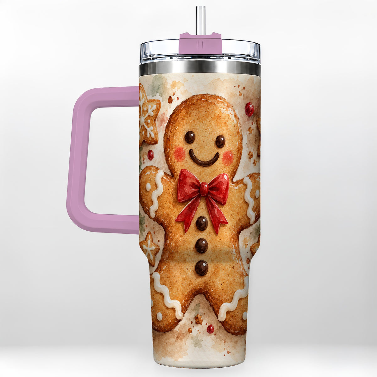 #pl[40oz|Pink] Watercolor Gingerbread 40oz Tumbler with Handle, Holiday Cookie Design