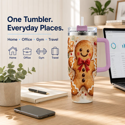 #pl[40oz|Pink] Watercolor Gingerbread 40oz Tumbler with Handle, Holiday Cookie Design