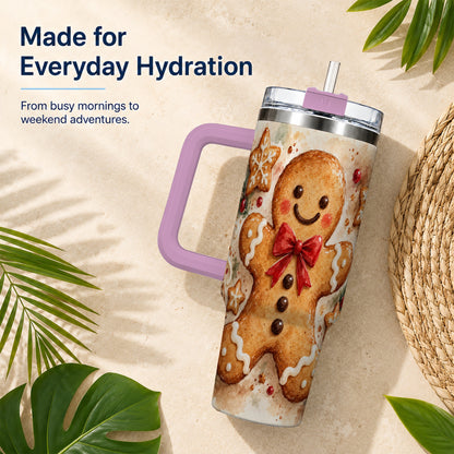 #pl[40oz|Pink] Watercolor Gingerbread 40oz Tumbler with Handle, Holiday Cookie Design
