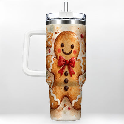 Watercolor Gingerbread 40oz Tumbler with Handle, Holiday Cookie Design