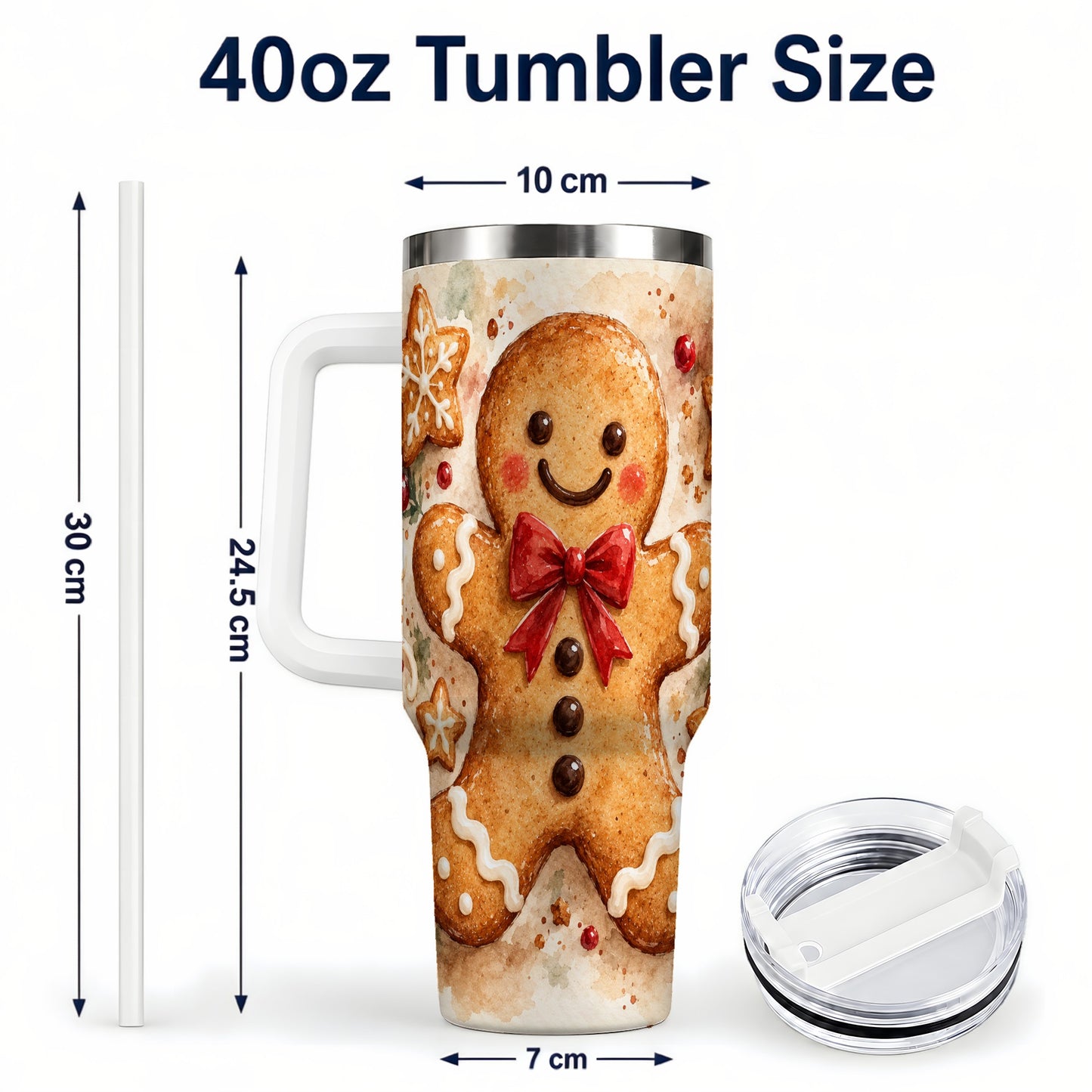 #pl[40oz|White] Watercolor Gingerbread 40oz Tumbler with Handle, Holiday Cookie Design