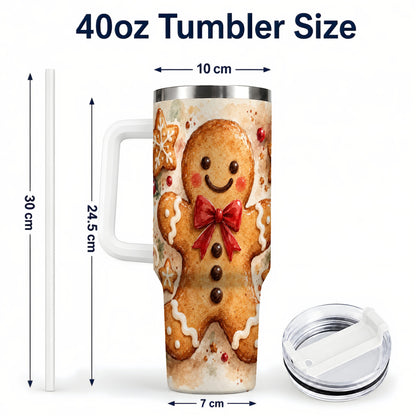 #pl[40oz|White] Watercolor Gingerbread 40oz Tumbler with Handle, Holiday Cookie Design