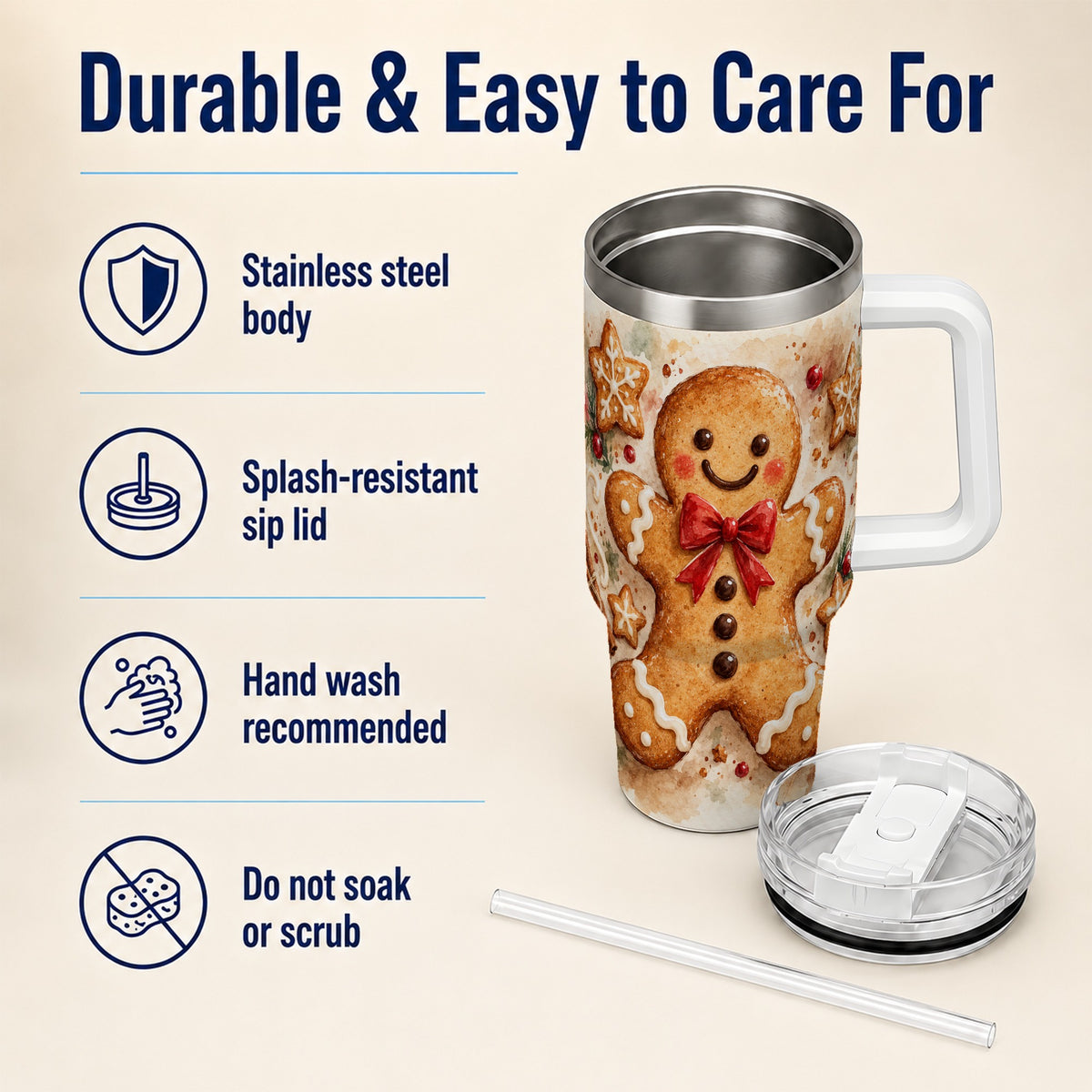 #pl[40oz|White] Watercolor Gingerbread 40oz Tumbler with Handle, Holiday Cookie Design