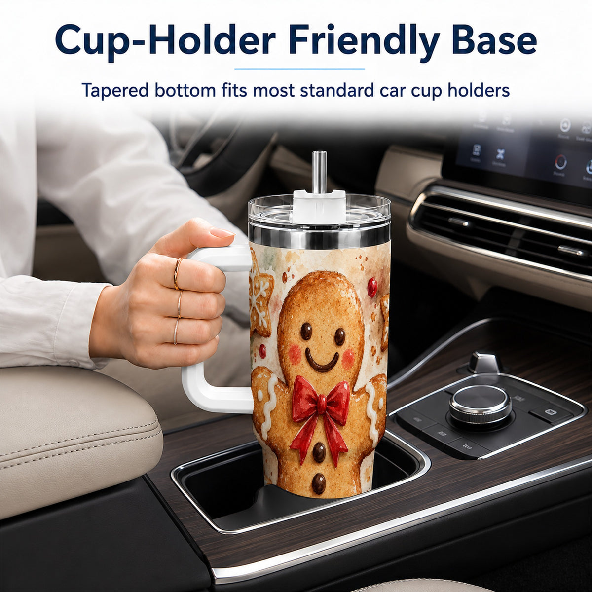 #pl[40oz|White] Watercolor Gingerbread 40oz Tumbler with Handle, Holiday Cookie Design