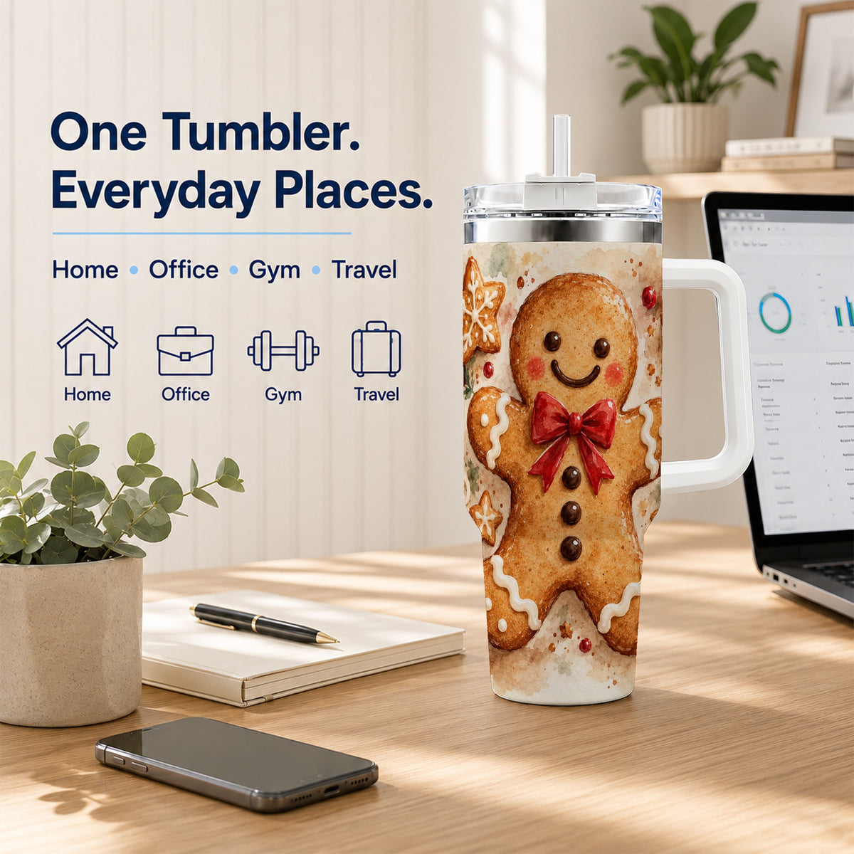 #pl[40oz|White] Watercolor Gingerbread 40oz Tumbler with Handle, Holiday Cookie Design