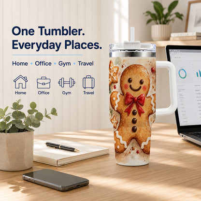 #pl[40oz|White] Watercolor Gingerbread 40oz Tumbler with Handle, Holiday Cookie Design