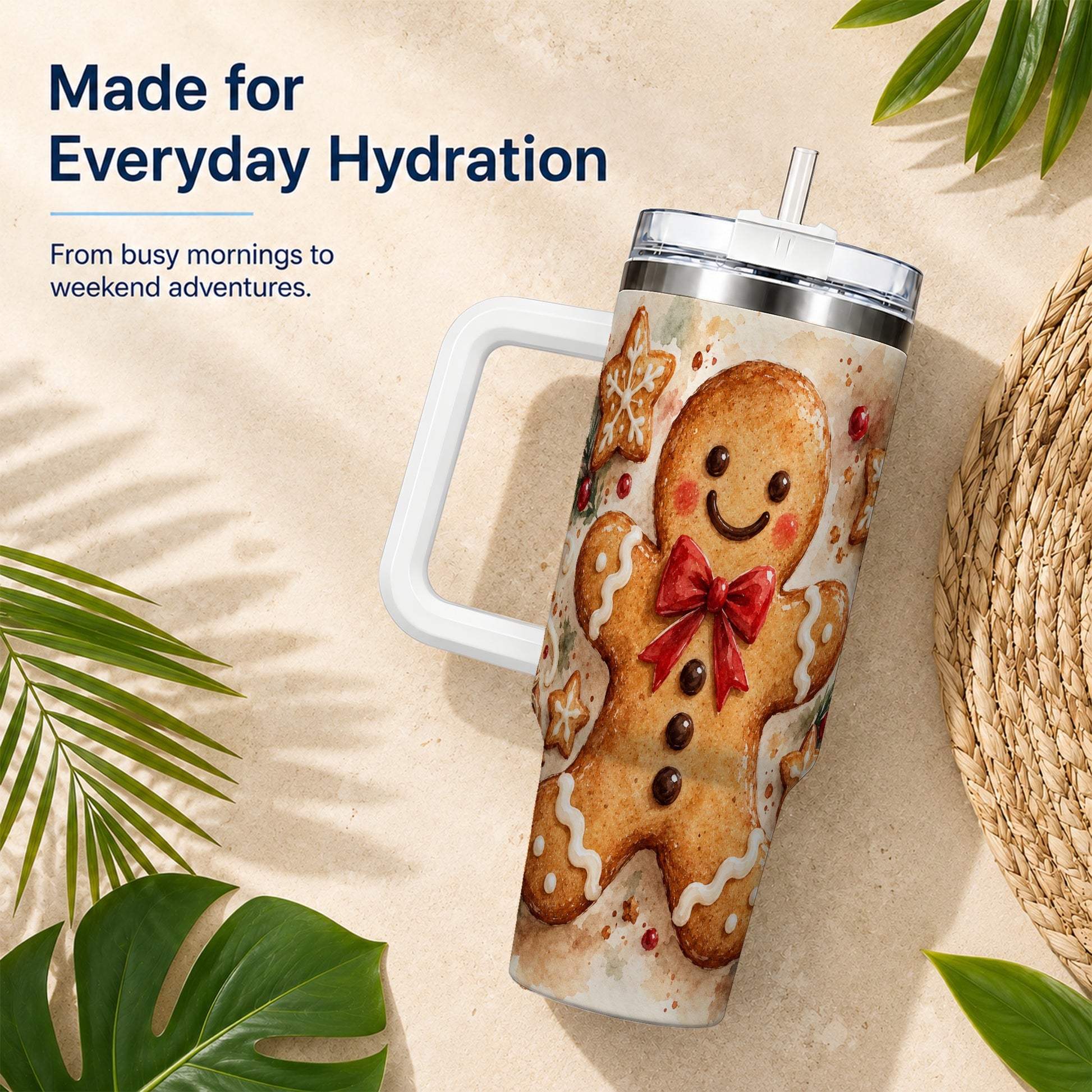 #pl[40oz|White] Watercolor Gingerbread 40oz Tumbler with Handle, Holiday Cookie Design