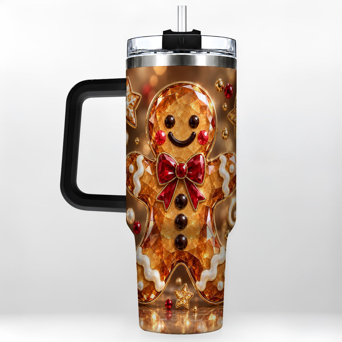 #pl[40oz|Black] Jewel Style Gingerbread 40oz Tumbler with Handle, Holiday Cookie Design