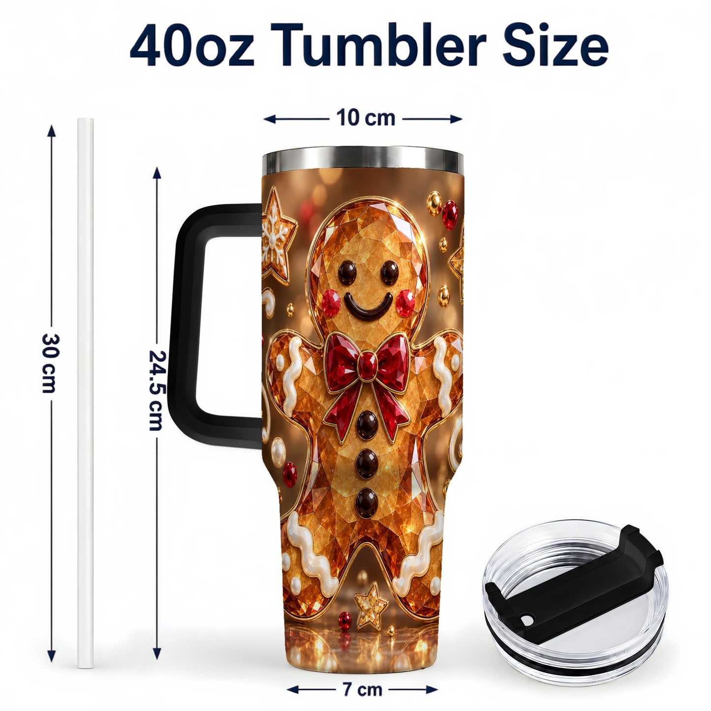 #pl[40oz|Black] Jewel Style Gingerbread 40oz Tumbler with Handle, Holiday Cookie Design