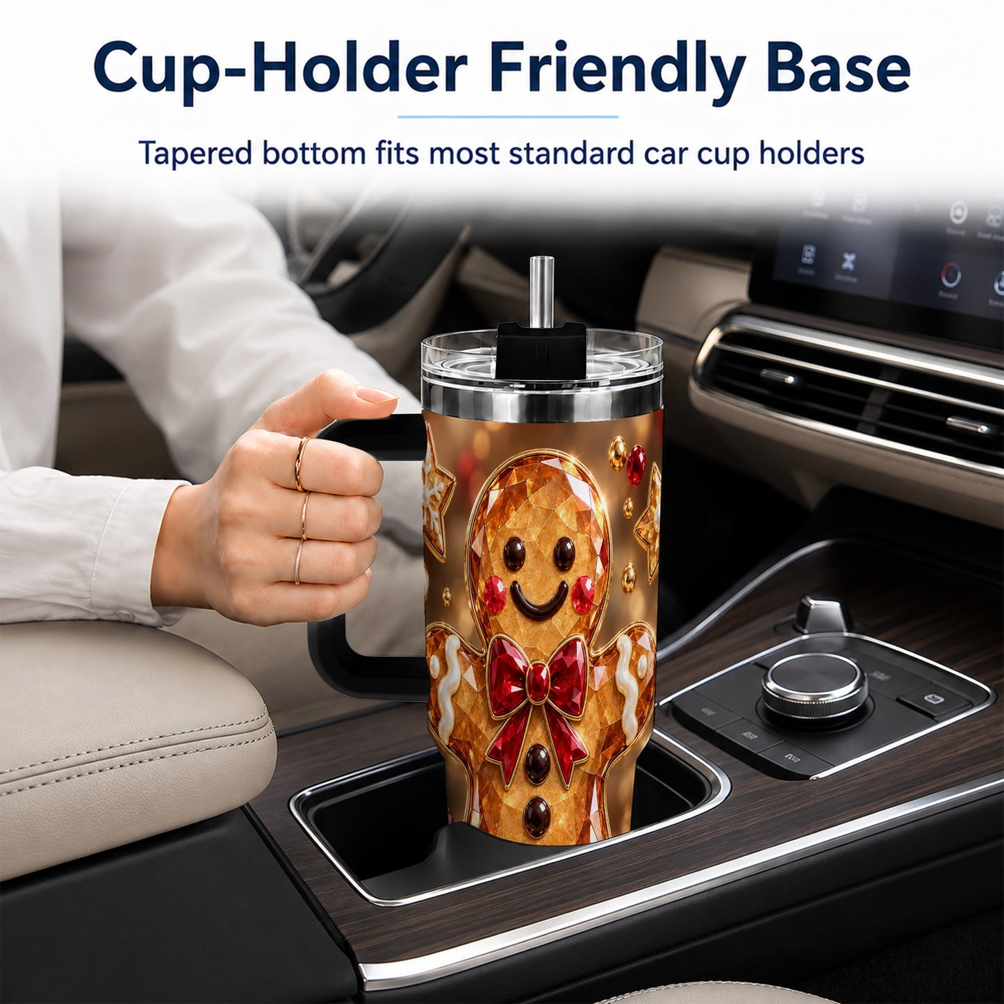 #pl[40oz|Black] Jewel Style Gingerbread 40oz Tumbler with Handle, Holiday Cookie Design