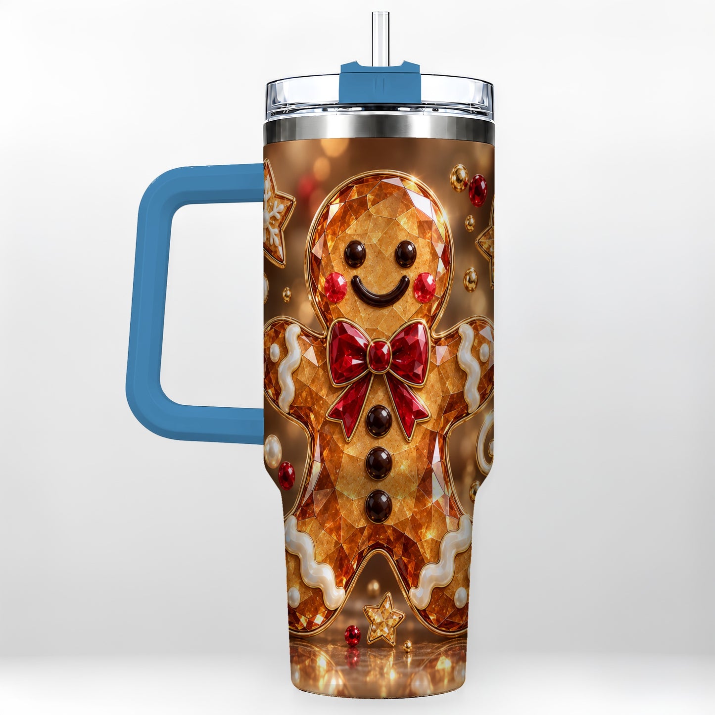 #pl[40oz|Blue] Jewel Style Gingerbread 40oz Tumbler with Handle, Holiday Cookie Design