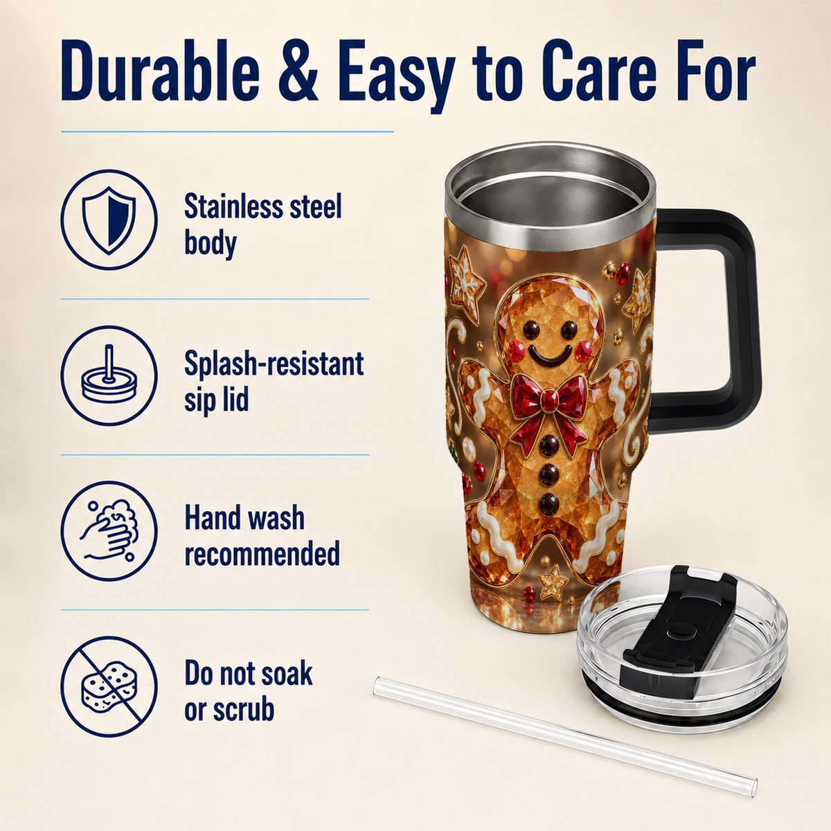 #pl[40oz|Black] Jewel Style Gingerbread 40oz Tumbler with Handle, Holiday Cookie Design