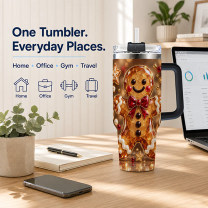 #pl[40oz|Black] Jewel Style Gingerbread 40oz Tumbler with Handle, Holiday Cookie Design