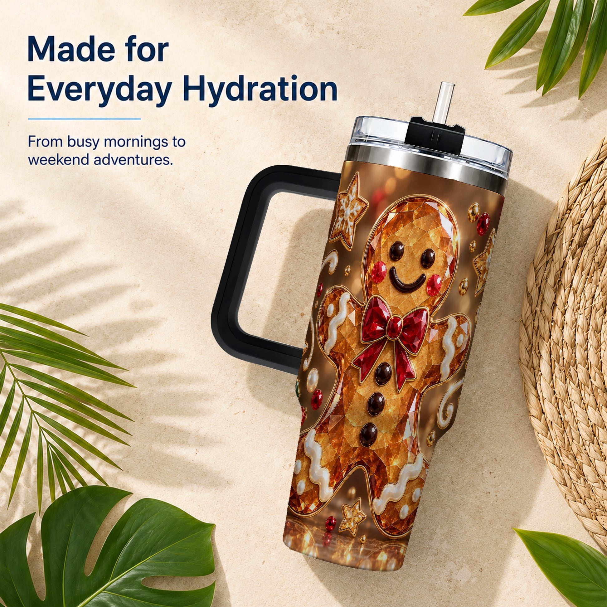 #pl[40oz|Black] Jewel Style Gingerbread 40oz Tumbler with Handle, Holiday Cookie Design