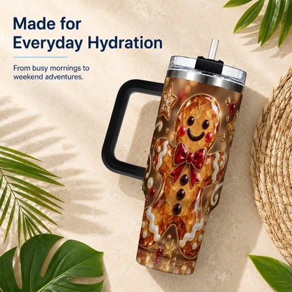 #pl[40oz|Black] Jewel Style Gingerbread 40oz Tumbler with Handle, Holiday Cookie Design