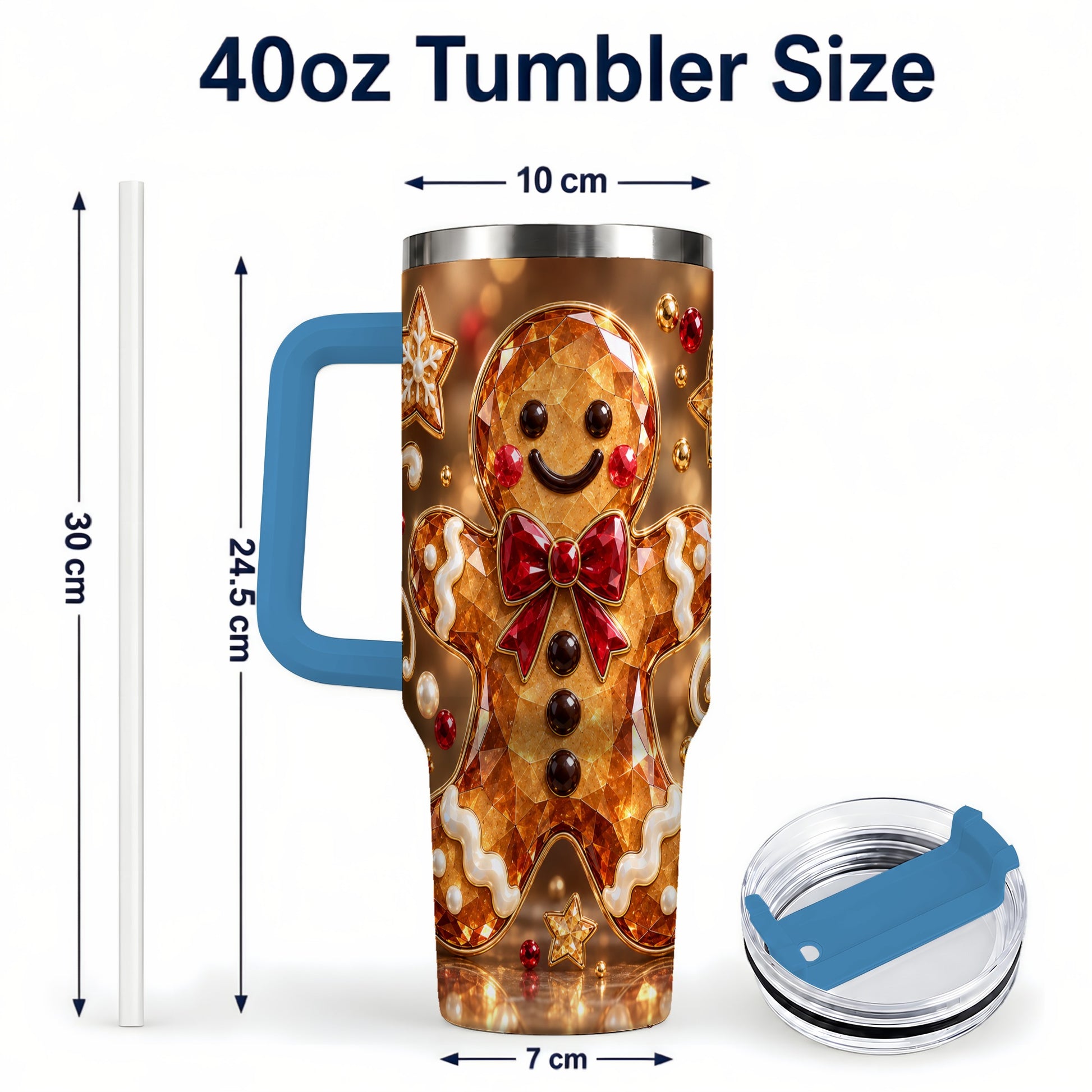 #pl[40oz|Blue] Jewel Style Gingerbread 40oz Tumbler with Handle, Holiday Cookie Design