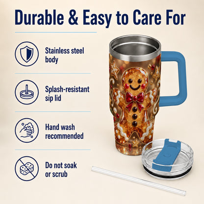 #pl[40oz|Blue] Jewel Style Gingerbread 40oz Tumbler with Handle, Holiday Cookie Design