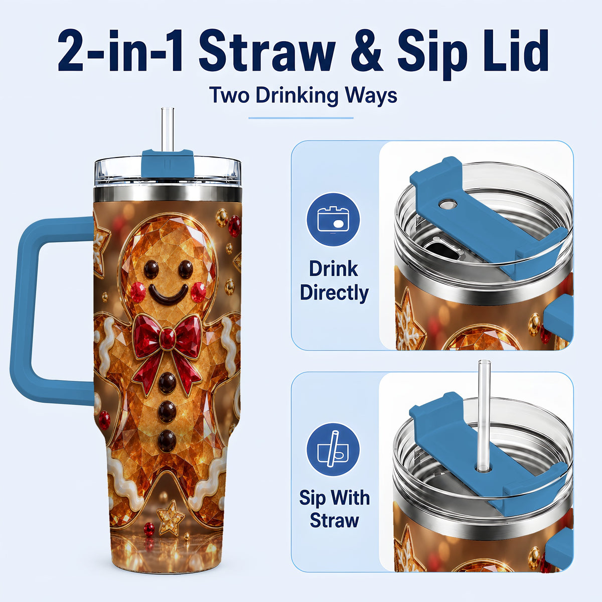 #pl[40oz|Blue] Jewel Style Gingerbread 40oz Tumbler with Handle, Holiday Cookie Design