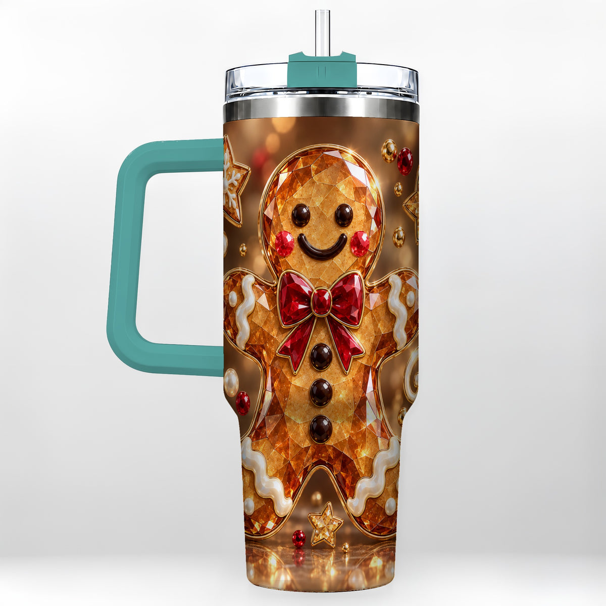 #pl[40oz|Green] Jewel Style Gingerbread 40oz Tumbler with Handle, Holiday Cookie Design