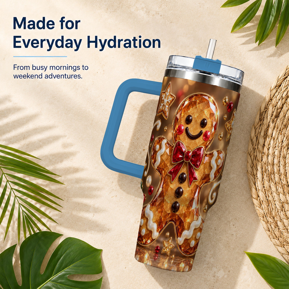 #pl[40oz|Blue] Jewel Style Gingerbread 40oz Tumbler with Handle, Holiday Cookie Design