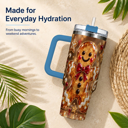 #pl[40oz|Blue] Jewel Style Gingerbread 40oz Tumbler with Handle, Holiday Cookie Design